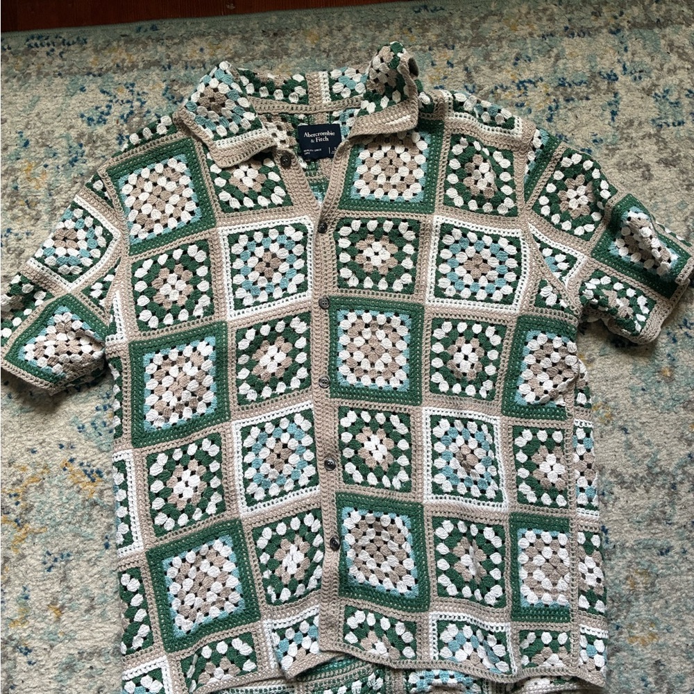 Abercrombie & Fitch Crochet Square going out shirt  in Green, Cream & White